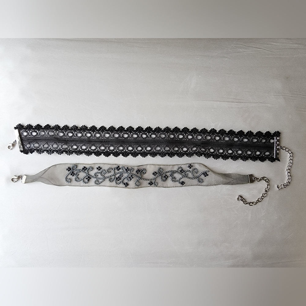 Bundle of 2 LACE Adjustable Chokers. Black and Silver/grey/black beaded